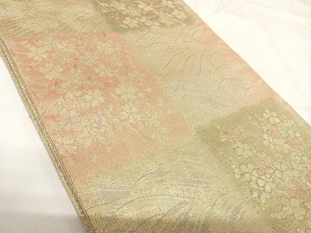 平和屋着物◎六通柄袋帯　市松花文　金糸　正絹　逸品　AABH0309yx