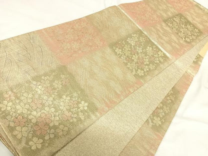 平和屋着物◎六通柄袋帯　市松花文　金糸　正絹　逸品　AABH0309yx