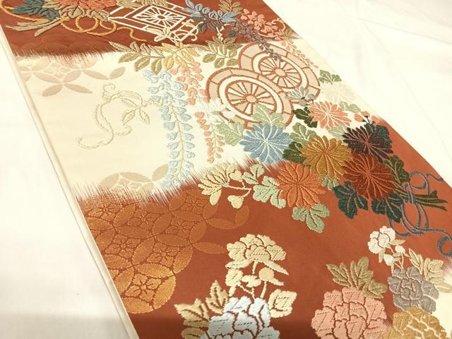 平和屋着物◎六通柄袋帯 唐織 花車文 金糸 正絹 逸品 AABH0313yx