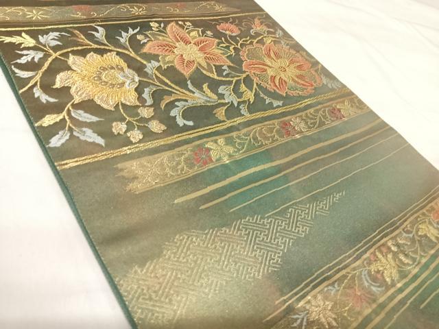 平和屋着物◎六通柄袋帯 唐織 陶漆箔 金蔓更紗横段文 正絹 逸品 AABH0314yx