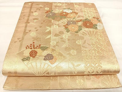 平和屋着物◎六通柄袋帯　扇面花文　金銀糸　正絹　逸品　AABH0324yx