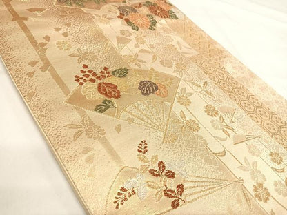 平和屋着物◎六通柄袋帯　扇面花文　金銀糸　正絹　逸品　AABH0324yx