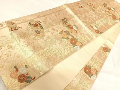 平和屋着物◎六通柄袋帯　扇面花文　金銀糸　正絹　逸品　AABH0324yx