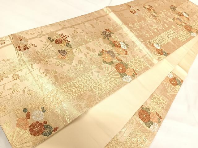 平和屋着物◎六通柄袋帯　扇面花文　金銀糸　正絹　逸品　AABH0324yx