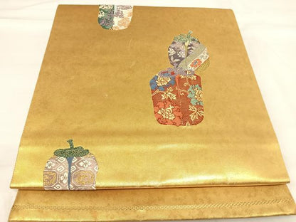 平和屋着物◎六通柄袋帯　唐織　仕覆花文　金糸　正絹　逸品　AABH0327yx