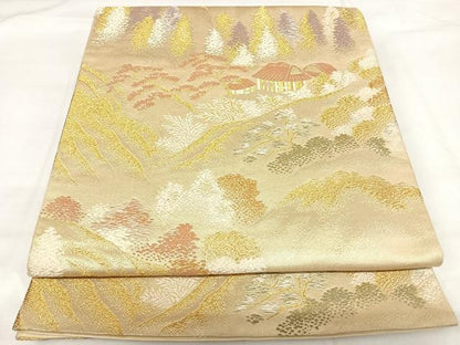 平和屋着物◎六通柄袋帯 唐織 風景文 金糸 正絹 逸品 AABH0330yx