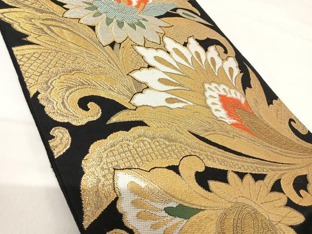 平和屋着物◎六通柄　本袋帯　唐織　更紗花文　黒地　金銀糸　正絹　逸品　AABH0341yx