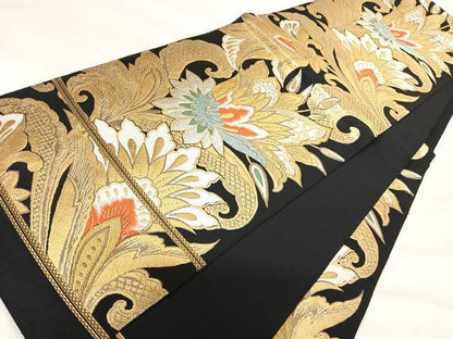 平和屋着物◎六通柄　本袋帯　唐織　更紗花文　黒地　金銀糸　正絹　逸品　AABH0341yx