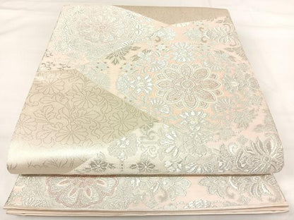 平和屋着物◎六通柄袋帯 正倉院花文 銀糸 正絹 逸品 AABH0342yx