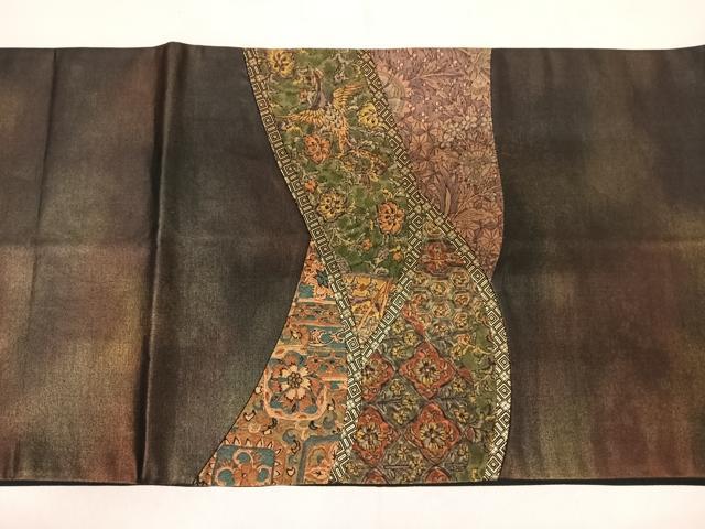 平和屋着物◎太鼓柄袋帯　切嵌　草花文　黒地　金糸　正絹　逸品　AABH0343yx