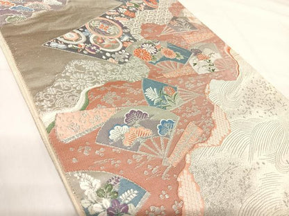 平和屋着物◎六通柄袋帯　唐織　九百錦　道長花文　プラチナ箔　正絹　逸品　AABH0351yx