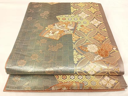 平和屋着物◎六通柄袋帯　地紙花鳥文　金糸　正絹　逸品　AABH0361yx