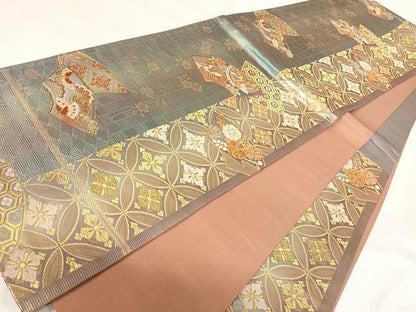 平和屋着物◎六通柄袋帯　地紙花鳥文　金糸　正絹　逸品　AABH0361yx