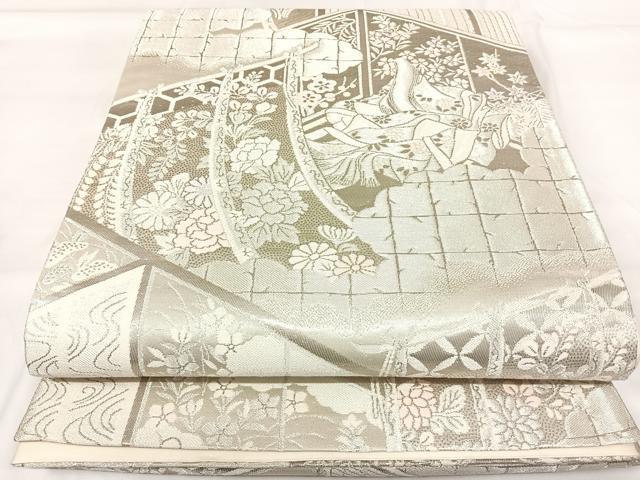 平和屋着物◎全通柄袋帯　唐織　人物花文　銀糸　正絹　逸品　AABH0362yx