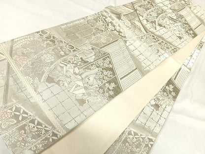 平和屋着物◎全通柄袋帯　唐織　人物花文　銀糸　正絹　逸品　AABH0362yx
