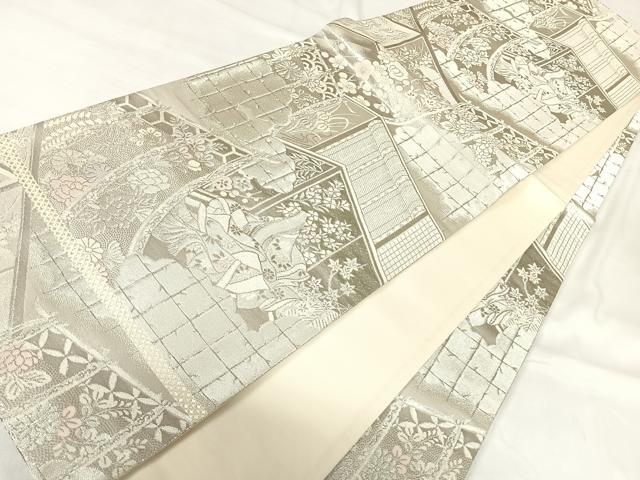 平和屋着物◎全通柄袋帯　唐織　人物花文　銀糸　正絹　逸品　AABH0362yx