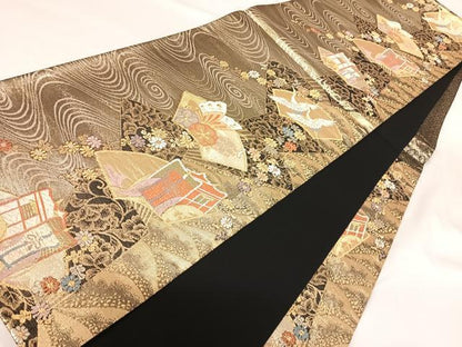 平和屋着物◎六通柄袋帯　唐織　御所車花文　金銀糸　正絹　逸品　AABH0363yx