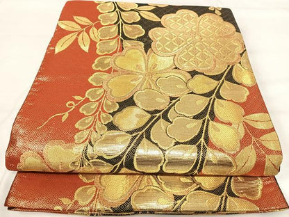 平和屋着物◎六通柄袋帯　草花文　金糸　正絹　逸品　AABH0364yx