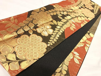 平和屋着物◎六通柄袋帯　草花文　金糸　正絹　逸品　AABH0364yx