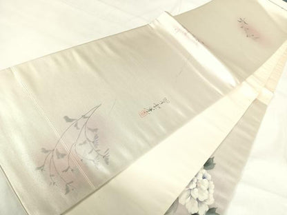 平和屋着物◎太鼓柄袋帯 作家物 手描き 草花文 銀糸 正絹 逸品 AABH0366yx