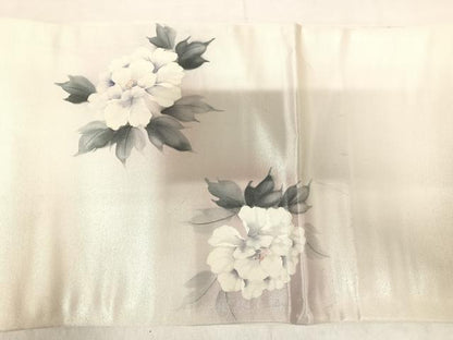 平和屋着物◎太鼓柄袋帯 作家物 手描き 草花文 銀糸 正絹 逸品 AABH0366yx