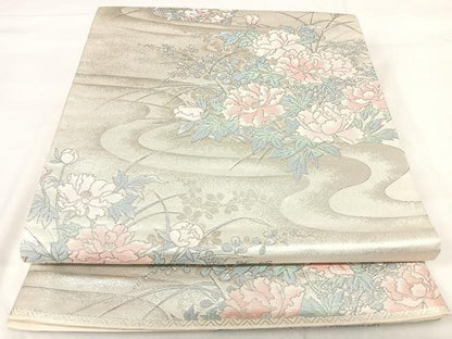 平和屋着物◎六通柄袋帯 流水花文 銀糸 正絹 逸品 AABH0372yx