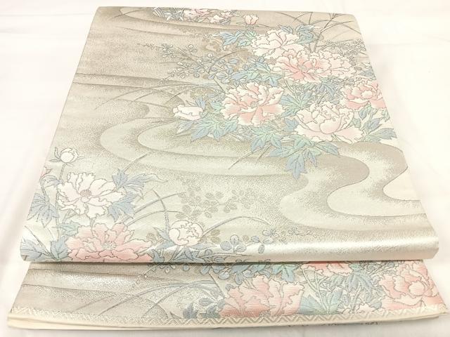 平和屋着物◎六通柄袋帯 流水花文 銀糸 正絹 逸品 AABH0372yx