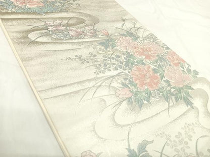 平和屋着物◎六通柄袋帯 流水花文 銀糸 正絹 逸品 AABH0372yx