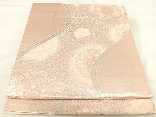 平和屋着物◎六通柄袋帯 流水花文 銀糸 正絹 逸品 AABH0380yx