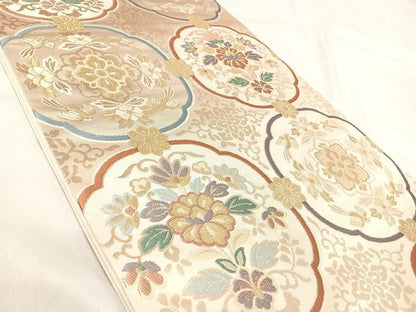 平和屋着物◎六通柄袋帯 唐織 花鳥丸文 金糸 正絹 逸品 AABH0382yx