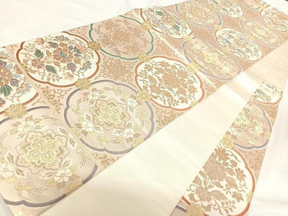 平和屋着物◎六通柄袋帯 唐織 花鳥丸文 金糸 正絹 逸品 AABH0382yx