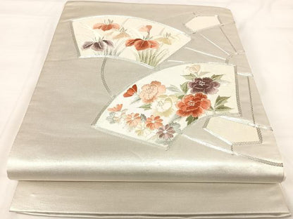 平和屋着物◎太鼓柄袋帯 刺繍 地紙花文 銀糸 正絹 逸品 AABH0384yx