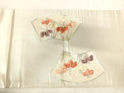 平和屋着物◎太鼓柄袋帯 刺繍 地紙花文 銀糸 正絹 逸品 AABH0384yx