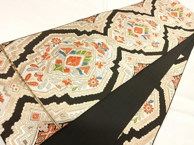 平和屋着物◎六通柄　本袋帯　唐織　飾花文　黒地　金銀糸　正絹　逸品　AABH0387yx