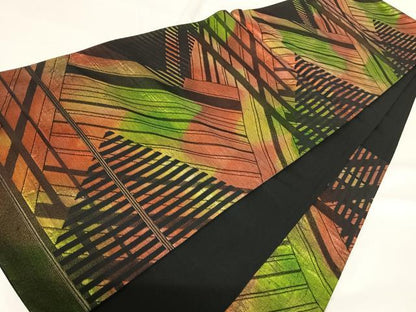 平和屋着物◎六通柄袋帯　幾何学文様　黒地　金糸　正絹　逸品　AABH0389yx