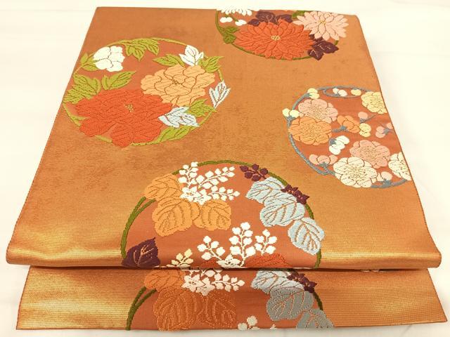 平和屋着物◎六通柄袋帯 唐織 花丸文 金糸 正絹 逸品 AABH0395yx