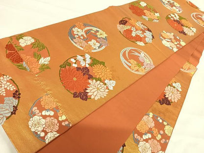平和屋着物◎六通柄袋帯 唐織 花丸文 金糸 正絹 逸品 AABH0395yx