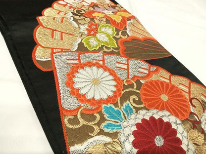 平和屋着物◎六通柄袋帯　唐織　扇面花文　黒地　金銀糸　正絹　逸品　AABH0400yx