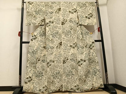 平和屋着物●上質な小紋　手描き　草花文　鬼しぼ縮緬　正絹　逸品　AABH0401ph