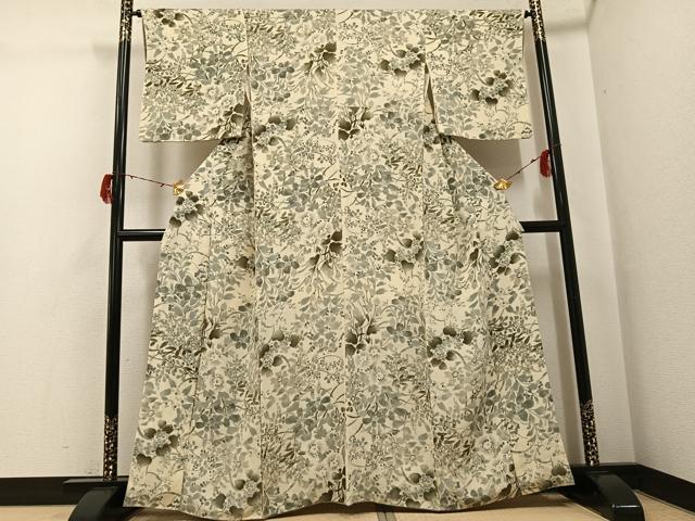 平和屋着物●上質な小紋　手描き　草花文　鬼しぼ縮緬　正絹　逸品　AABH0401ph