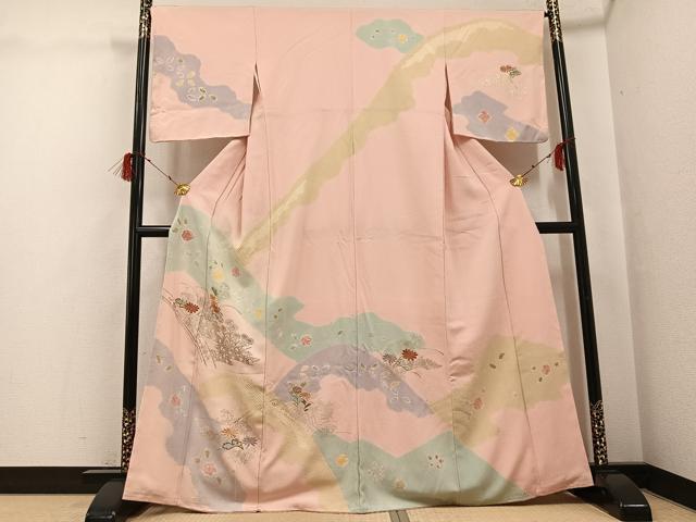 平和屋着物●訪問着　絞り　刺繍　草花文　金彩　正絹　逸品　AABH0406ph