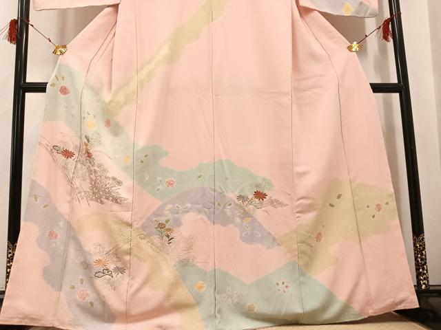 平和屋着物●訪問着　絞り　刺繍　草花文　金彩　正絹　逸品　AABH0406ph