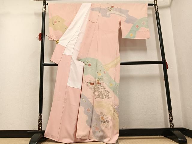 平和屋着物●訪問着　絞り　刺繍　草花文　金彩　正絹　逸品　AABH0406ph