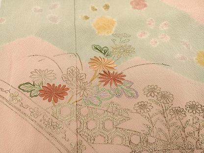 平和屋着物●訪問着　絞り　刺繍　草花文　金彩　正絹　逸品　AABH0406ph
