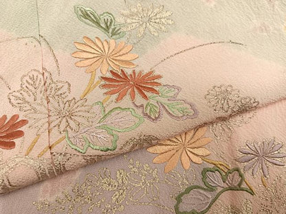 平和屋着物●訪問着　絞り　刺繍　草花文　金彩　正絹　逸品　AABH0406ph