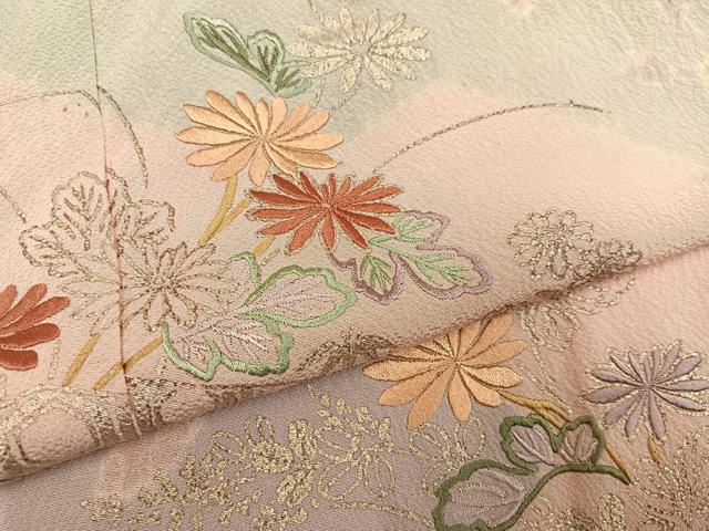 平和屋着物●訪問着　絞り　刺繍　草花文　金彩　正絹　逸品　AABH0406ph
