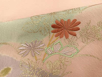 平和屋着物●訪問着　絞り　刺繍　草花文　金彩　正絹　逸品　AABH0406ph