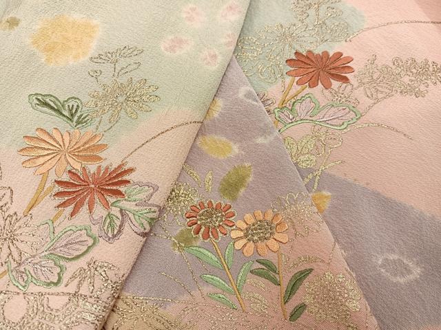 平和屋着物●訪問着　絞り　刺繍　草花文　金彩　正絹　逸品　AABH0406ph