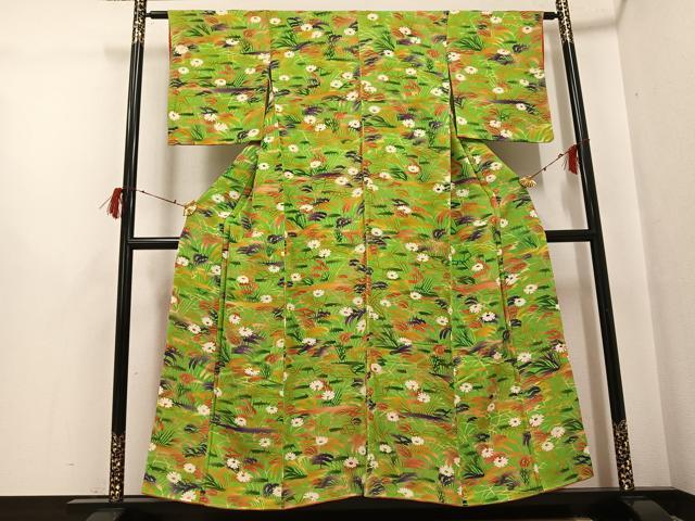 平和屋着物●上質な小紋　型染め　草花文　鬼しぼ縮緬　正絹　逸品　AABH0410ph
