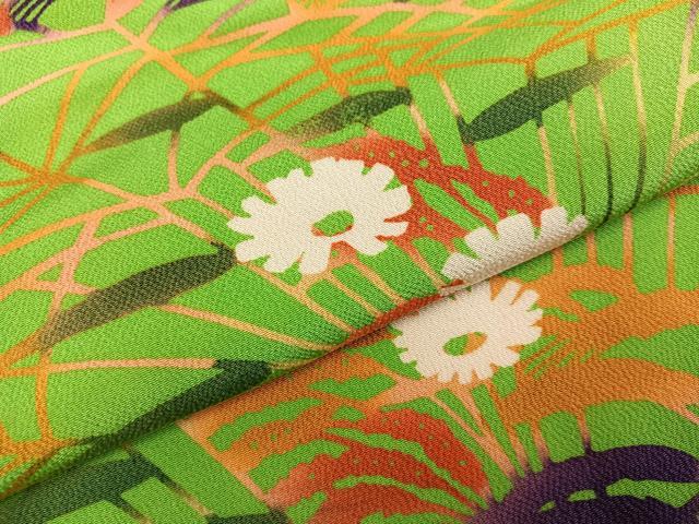 平和屋着物●上質な小紋　型染め　草花文　鬼しぼ縮緬　正絹　逸品　AABH0410ph